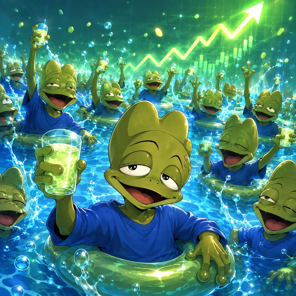 a crowd of sloops in floaties raising green drinks under a rising green chart
