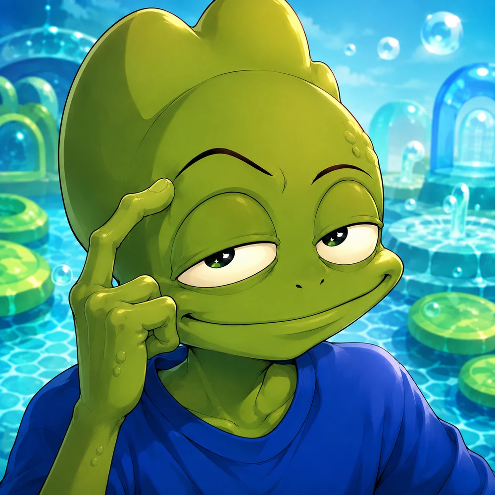 sloop, a green frog with a tall head and a blue shirt, thinking at the side of a pool